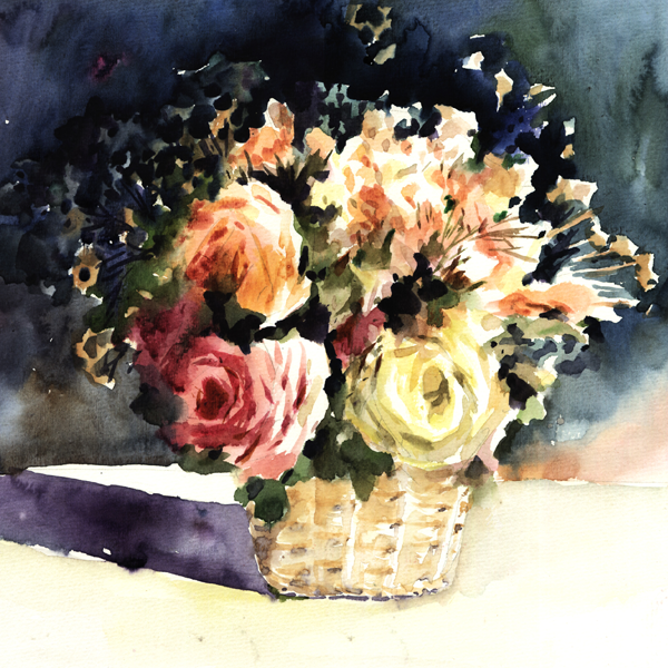 Orginal watercolor painting lovely mix roses in basket