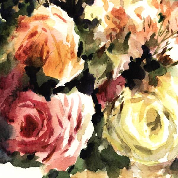 Orginal watercolor painting lovely mix roses in basket