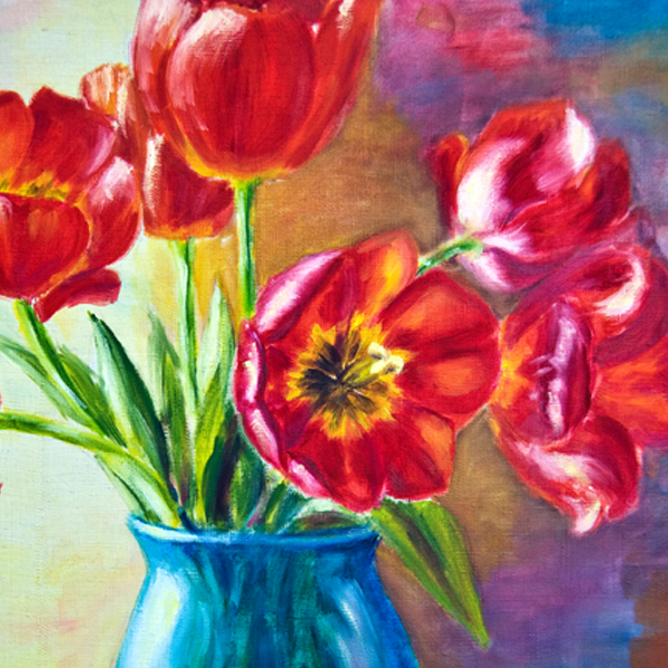 Still life with tulips and peach