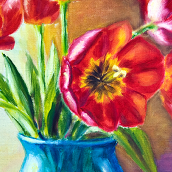 Still life with tulips and peach
