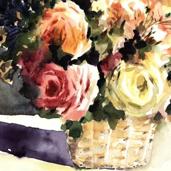 Orginal watercolor painting lovely mix roses in basket