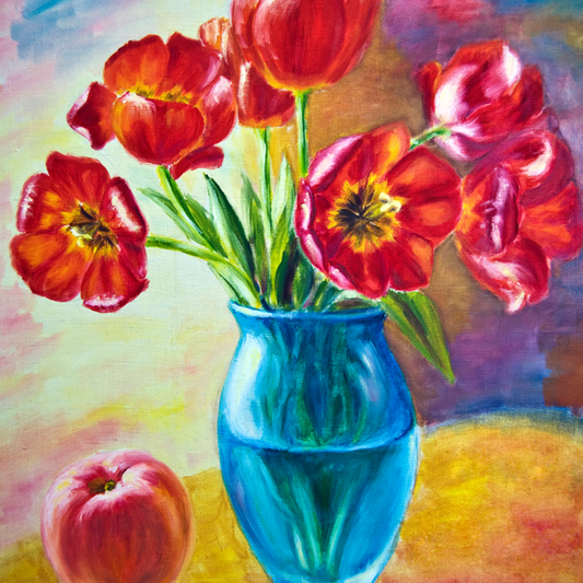 Still life with tulips and peach